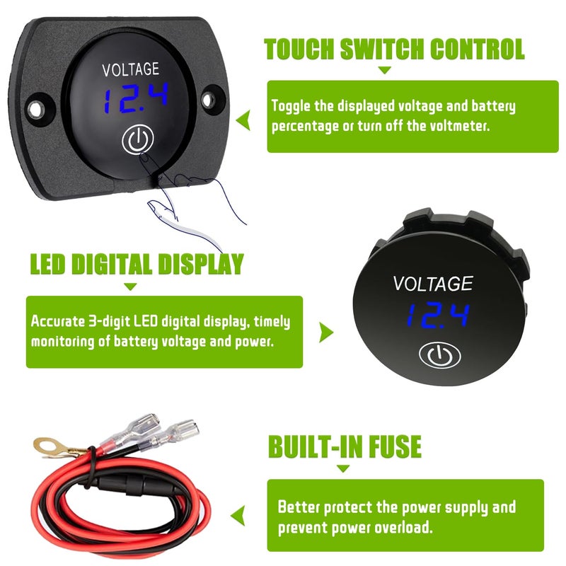 EPLZON 2 Pack DC 12V 24V Volt Meter Battery Voltage Gauge Digital Gauge Waterproof Voltmeter with Touch Switch and Mounting Plate Round for Boat Marine Motorcycle Truck(Blue Light) - Image 3